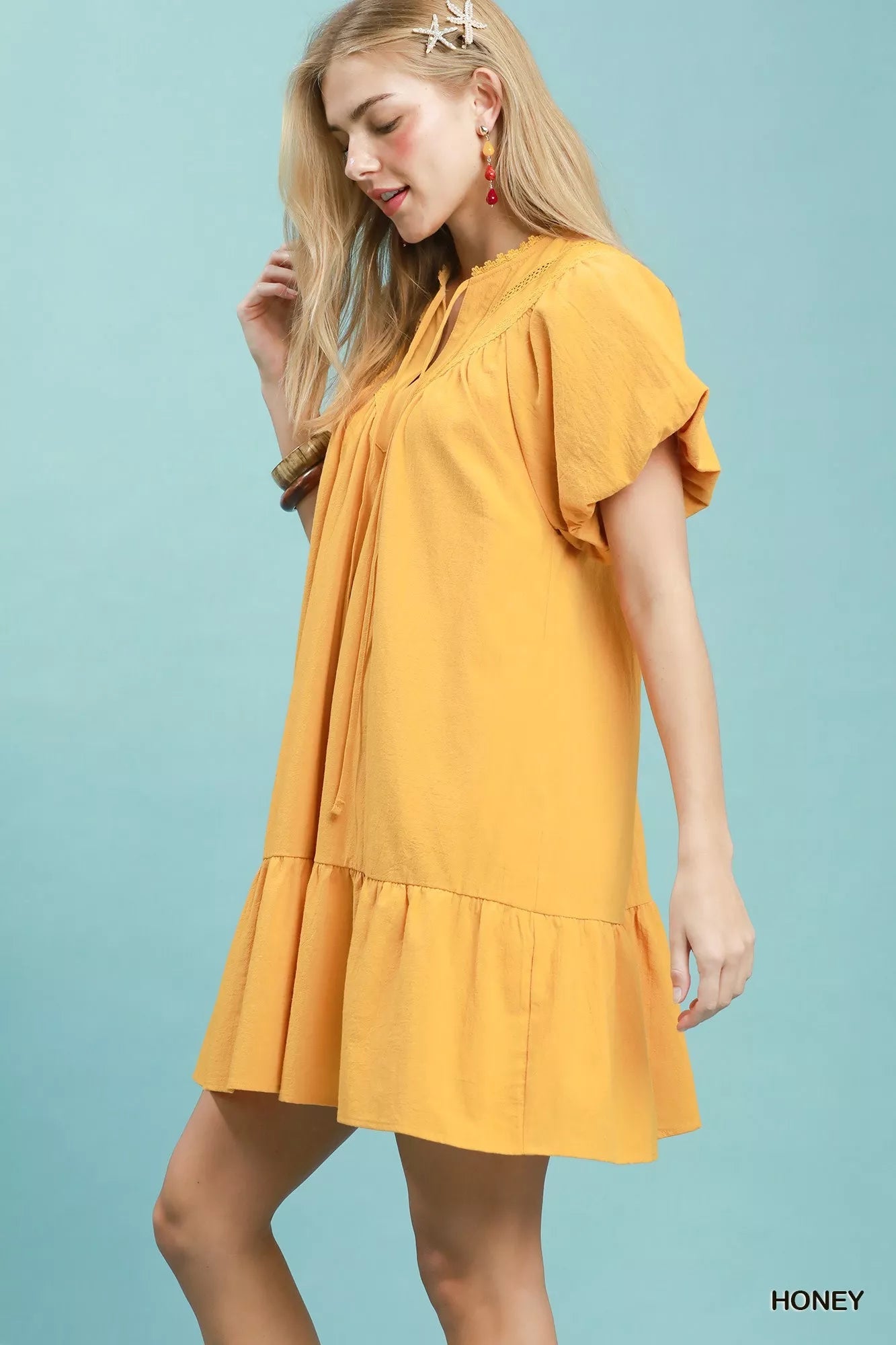 Umgee Flutter Sleeve Tassel Tie Ruffle Hem Mini Dress - Rooted & Reckless Co.