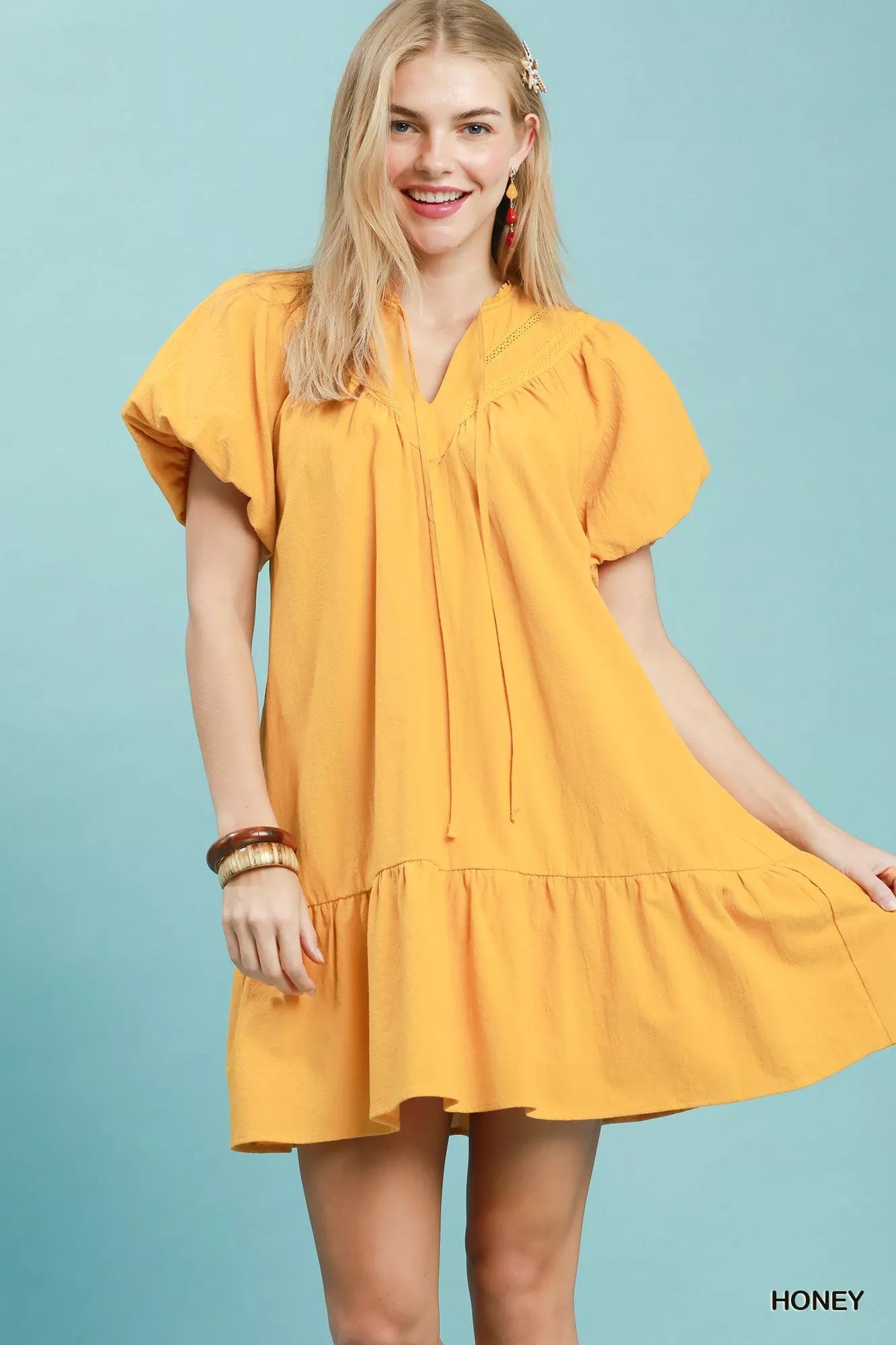 Umgee Flutter Sleeve Tassel Tie Ruffle Hem Mini Dress - Rooted & Reckless Co.