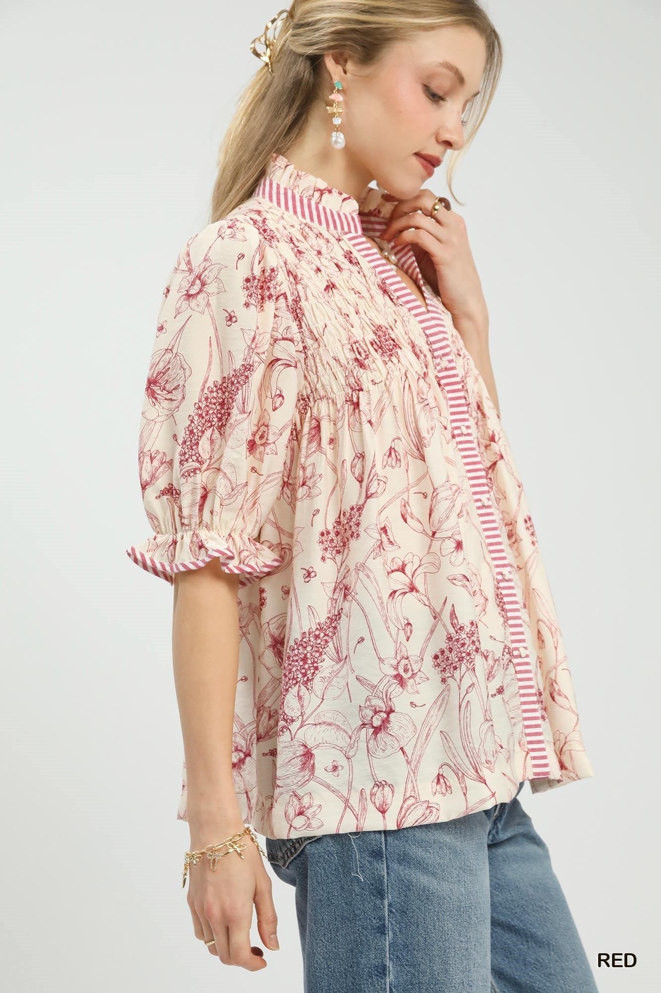 Umgee Mixed Print Button Front Top - Rooted & Reckless Co.