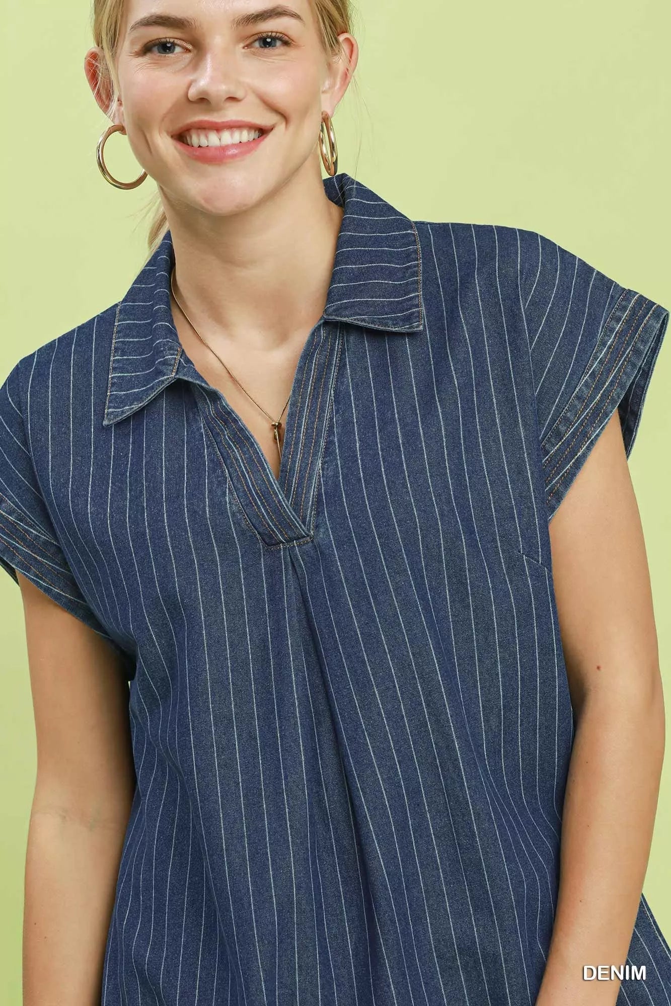 Umgee Pinstripe Denim Collared Midi Dress with Side Slits - Rooted & Reckless Co.