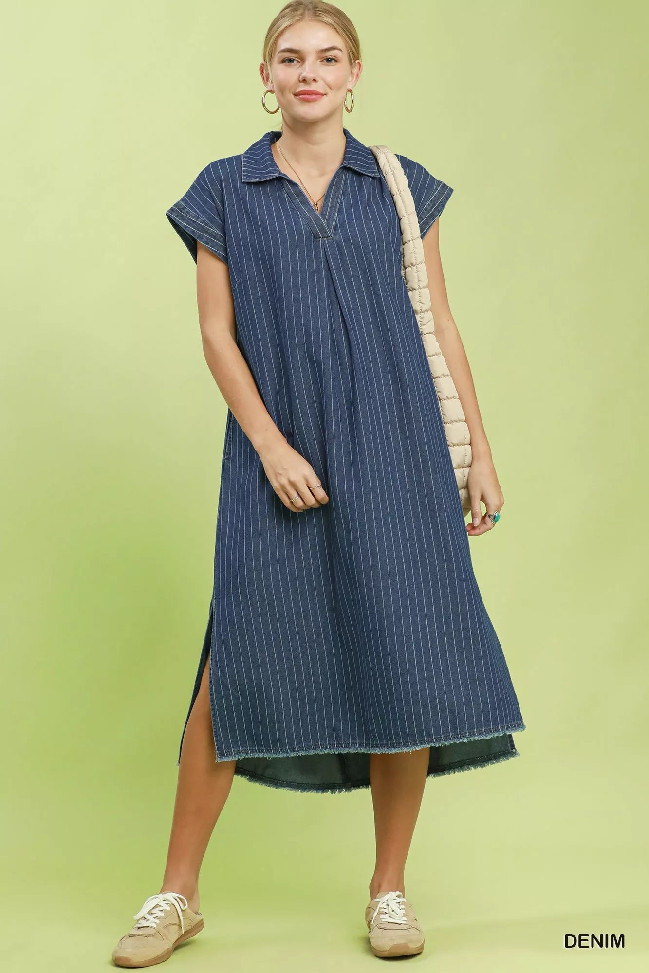 Umgee Pinstripe Denim Collared Midi Dress with Side Slits - Rooted & Reckless Co.