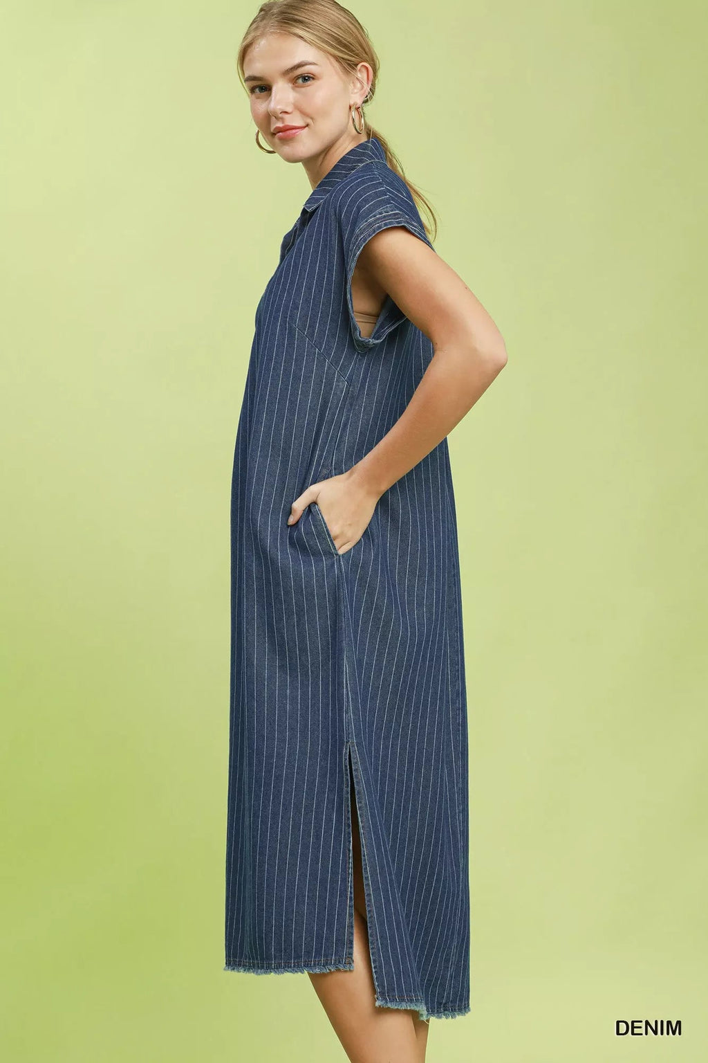 Umgee Pinstripe Denim Collared Midi Dress with Side Slits - Rooted & Reckless Co.
