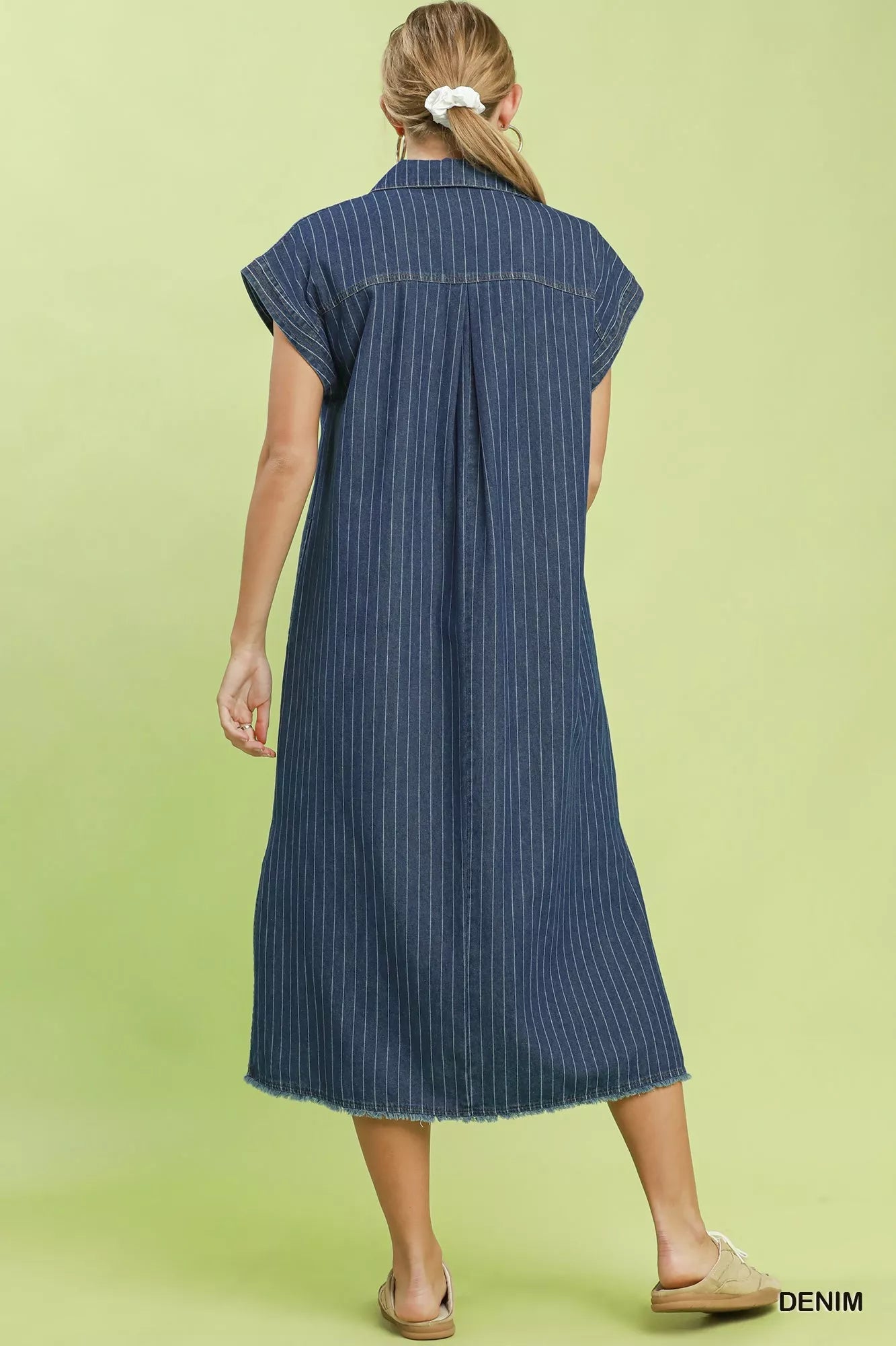 Umgee Pinstripe Denim Collared Midi Dress with Side Slits - Rooted & Reckless Co.