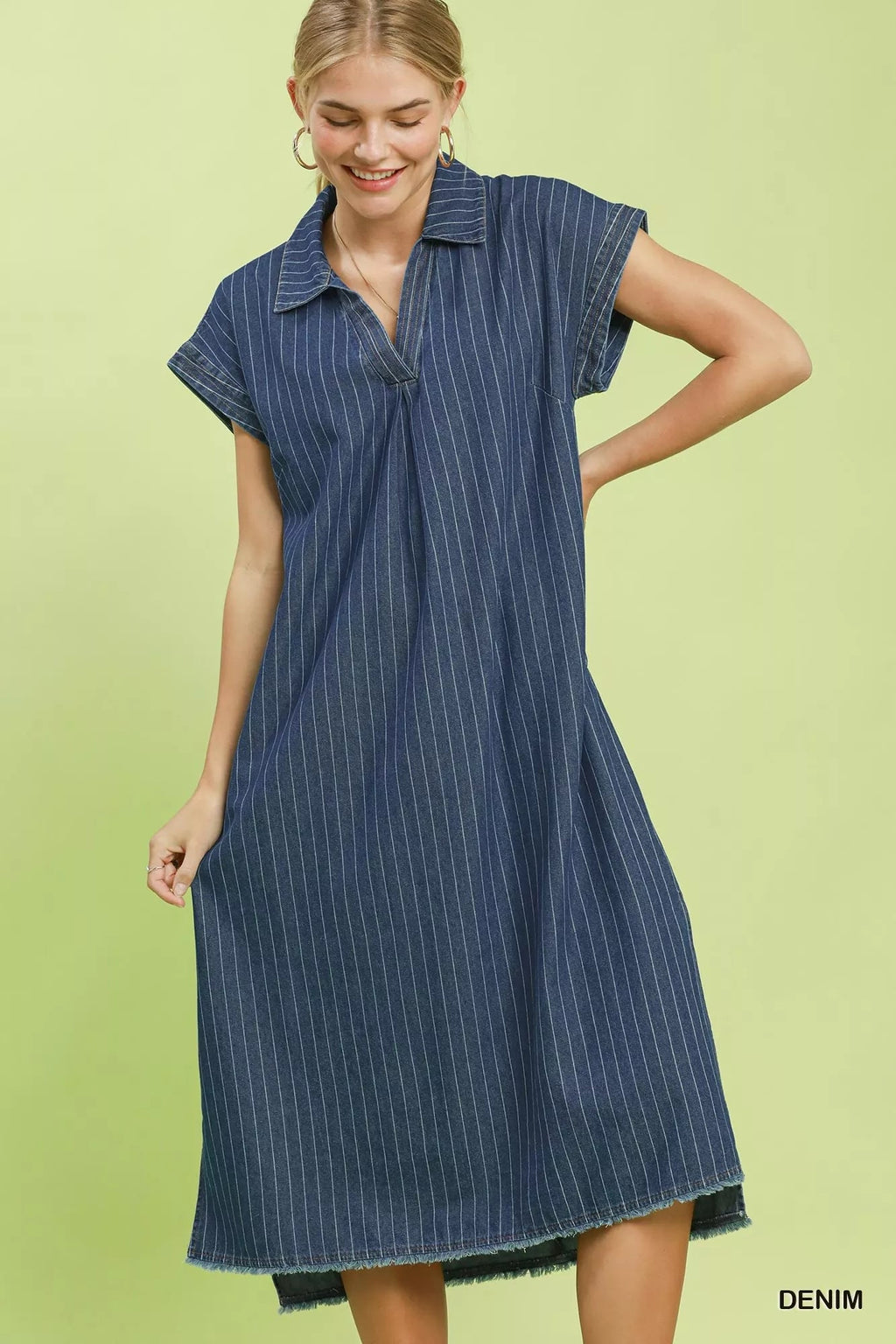 Umgee Pinstripe Denim Collared Midi Dress with Side Slits - Rooted & Reckless Co.