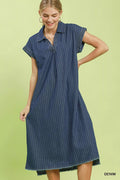 Umgee Pinstripe Denim Collared Midi Dress with Side Slits - Rooted & Reckless Co.
