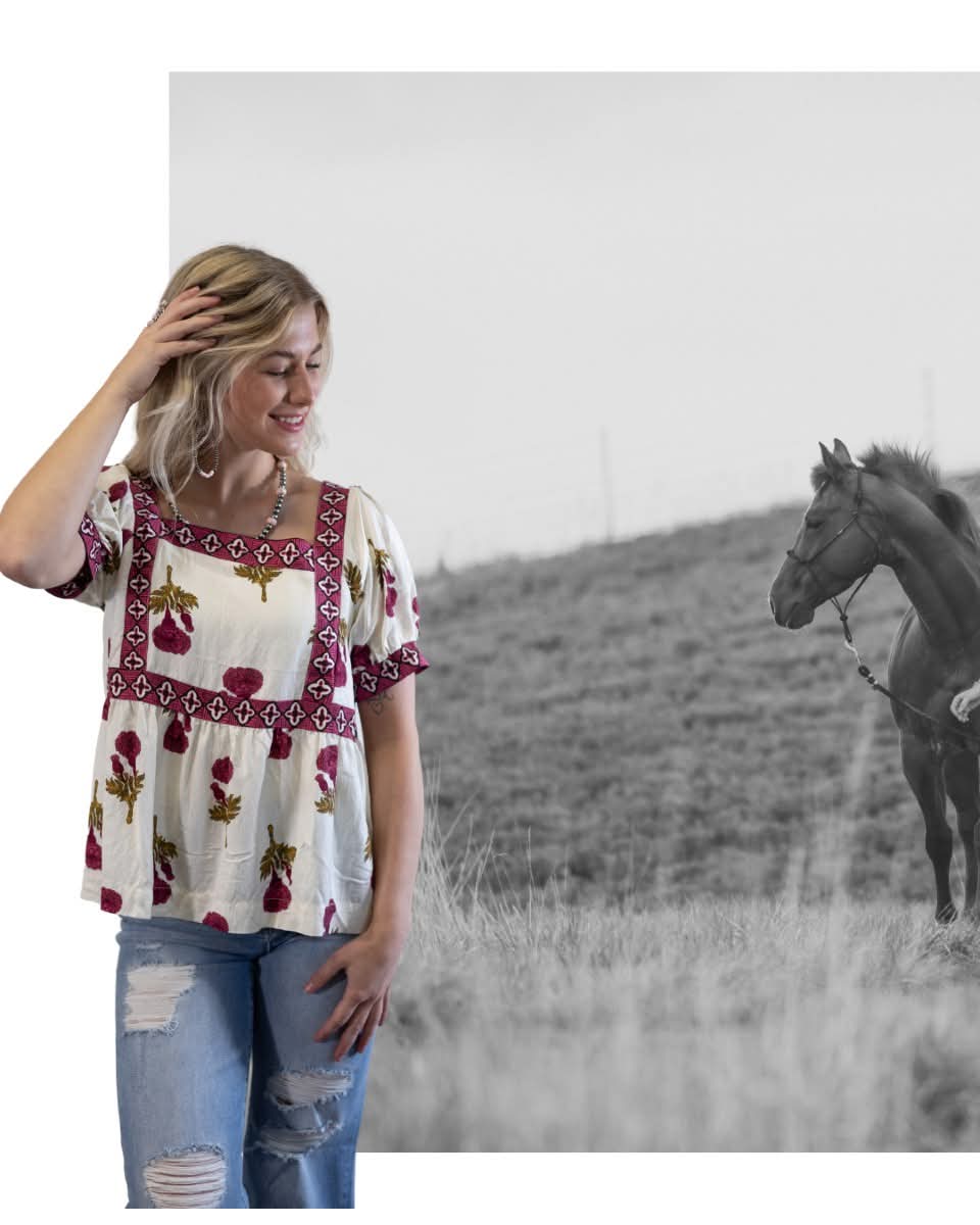 Umgee "Prairie Marigold" Western Boho Blouse — Embroidered Contrast Trim with Square Neck & Puff Sleeves (Red & Olive Floral) - Rooted & Reckless Co.