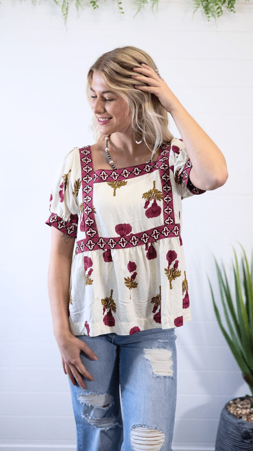 Umgee "Prairie Marigold" Western Boho Blouse — Embroidered Contrast Trim with Square Neck & Puff Sleeves (Red & Olive Floral) - Rooted & Reckless Co.
