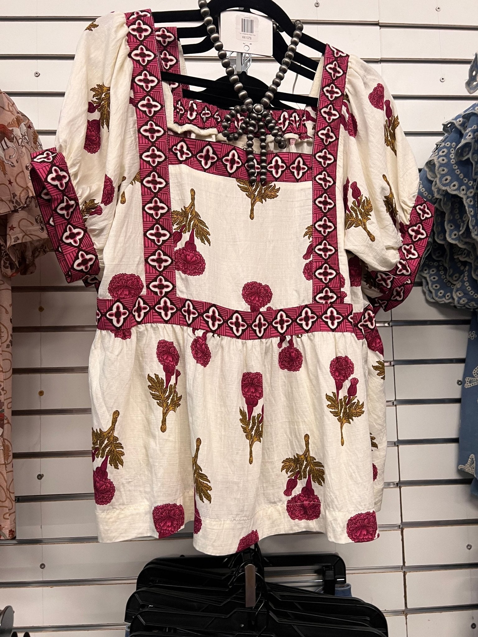 Umgee "Prairie Marigold" Western Boho Blouse — Embroidered Contrast Trim with Square Neck & Puff Sleeves (Red & Olive Floral) - Rooted & Reckless Co.
