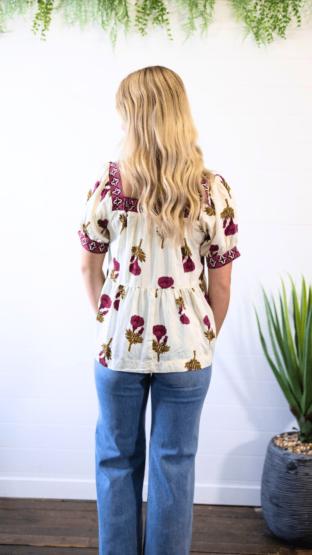 Umgee "Prairie Marigold" Western Boho Blouse — Embroidered Contrast Trim with Square Neck & Puff Sleeves (Red & Olive Floral) - Rooted & Reckless Co.