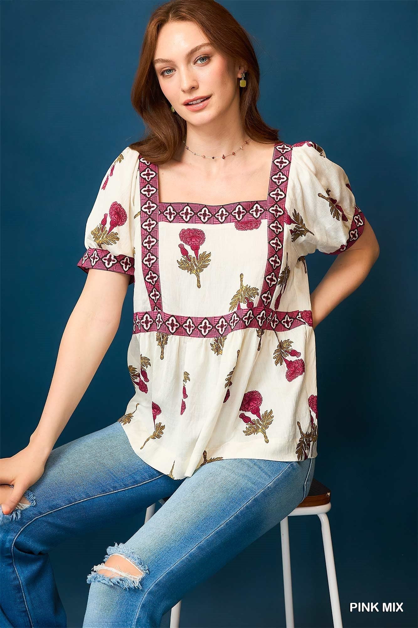 Umgee "Prairie Marigold" Western Boho Blouse — Embroidered Contrast Trim with Square Neck & Puff Sleeves (Red & Olive Floral) - Rooted & Reckless Co.