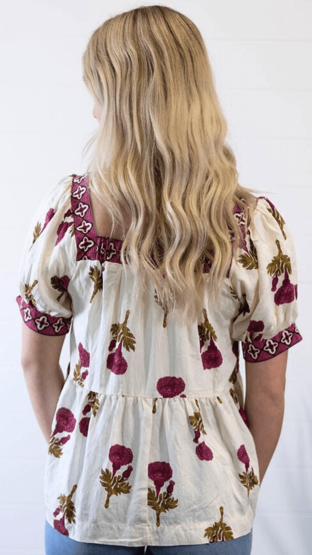 Umgee "Prairie Marigold" Western Boho Blouse — Embroidered Contrast Trim with Square Neck & Puff Sleeves (Red & Olive Floral) - Rooted & Reckless Co.