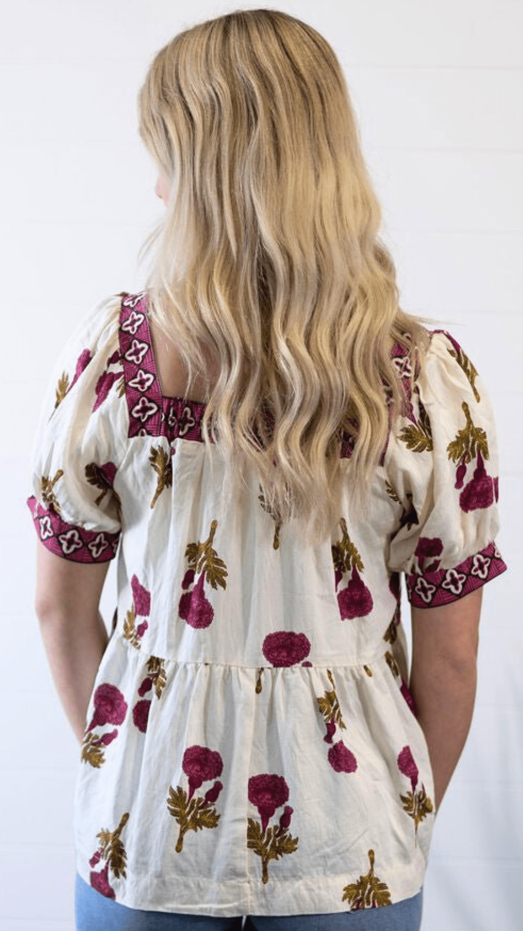 Umgee "Prairie Marigold" Western Boho Blouse — Embroidered Contrast Trim with Square Neck & Puff Sleeves (Red & Olive Floral) - Rooted & Reckless Co.