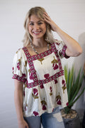 Umgee "Prairie Marigold" Western Boho Blouse — Embroidered Contrast Trim with Square Neck & Puff Sleeves (Red & Olive Floral) - Rooted & Reckless Co.