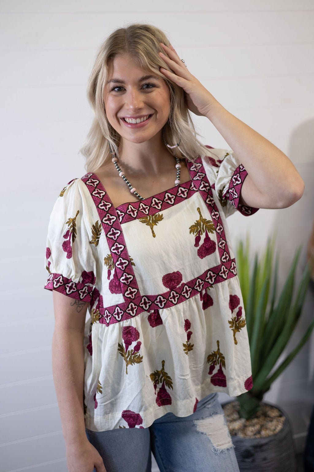 Umgee "Prairie Marigold" Western Boho Blouse — Embroidered Contrast Trim with Square Neck & Puff Sleeves (Red & Olive Floral) - Rooted & Reckless Co.