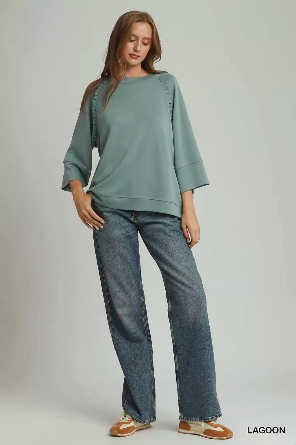 Umgee Ruffle Trim 3/4 Raglan Sleeve Top - Rooted & Reckless Co.