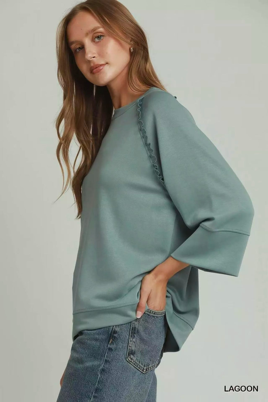 Umgee Ruffle Trim 3/4 Raglan Sleeve Top - Rooted & Reckless Co.