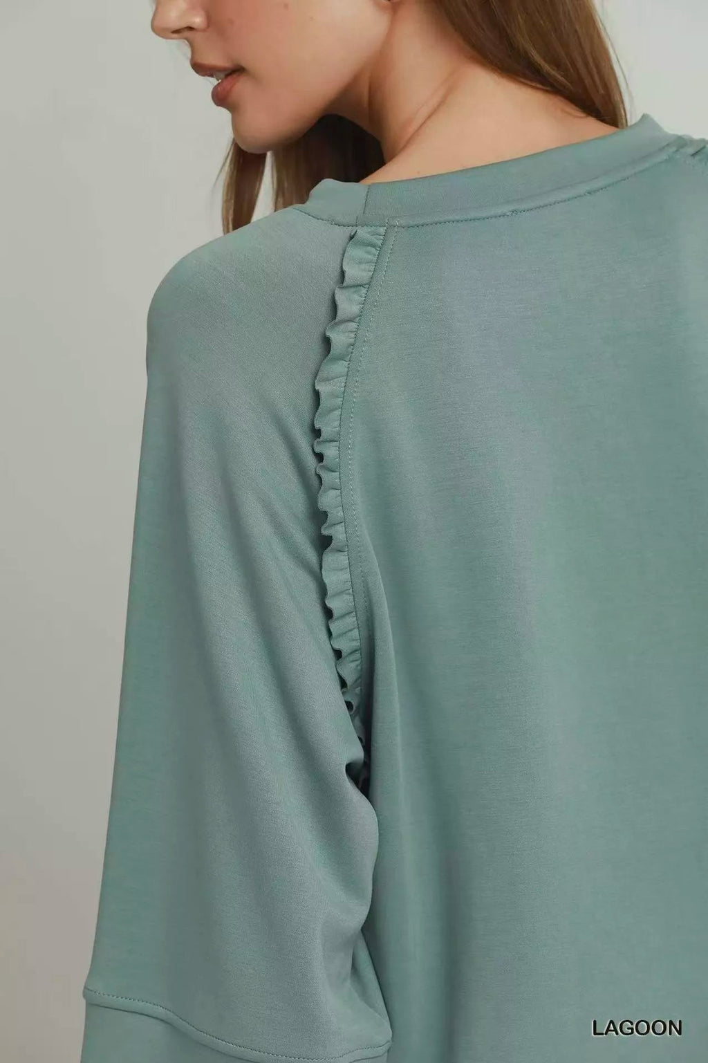 Umgee Ruffle Trim 3/4 Raglan Sleeve Top - Rooted & Reckless Co.