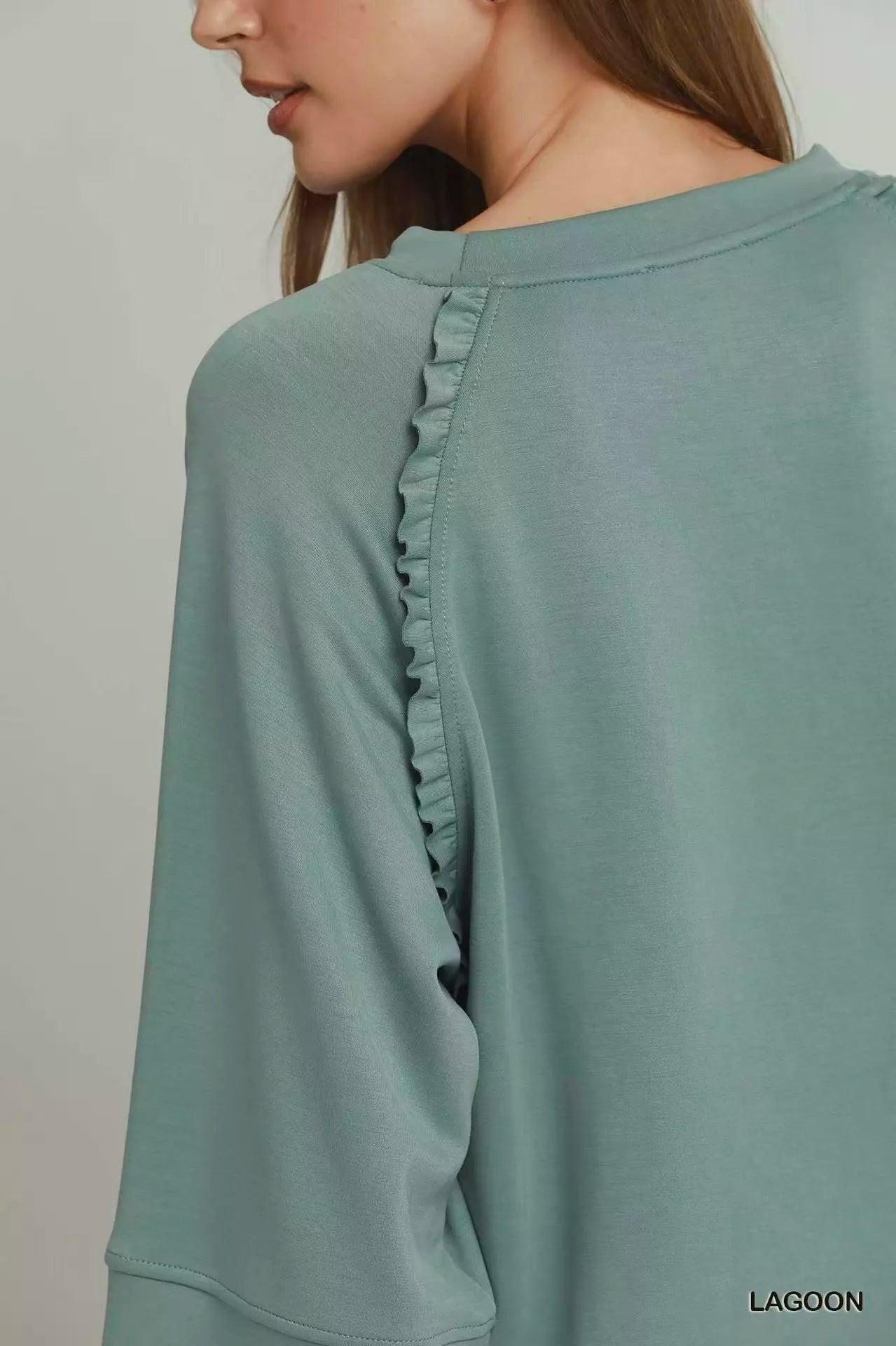 Umgee Ruffle Trim 3/4 Raglan Sleeve Top - Rooted & Reckless Co.