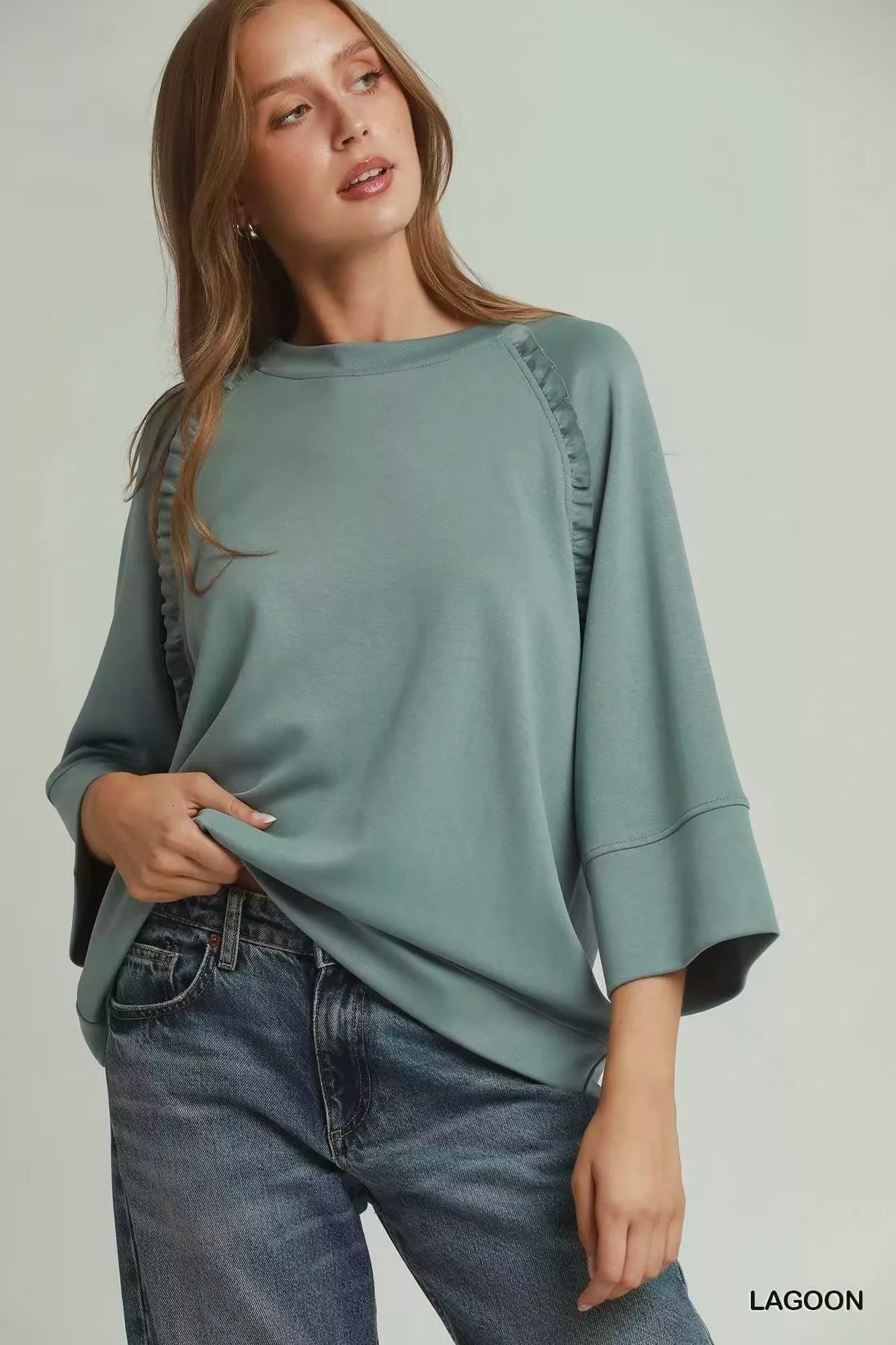 Umgee Ruffle Trim 3/4 Raglan Sleeve Top - Rooted & Reckless Co.