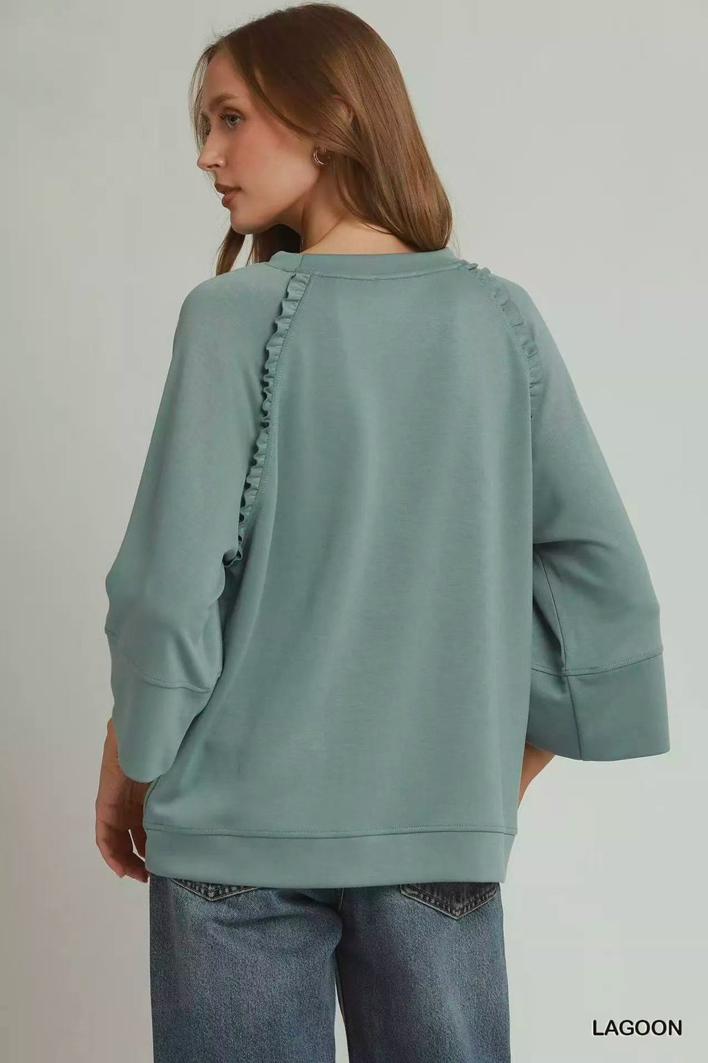 Umgee Ruffle Trim 3/4 Raglan Sleeve Top - Rooted & Reckless Co.