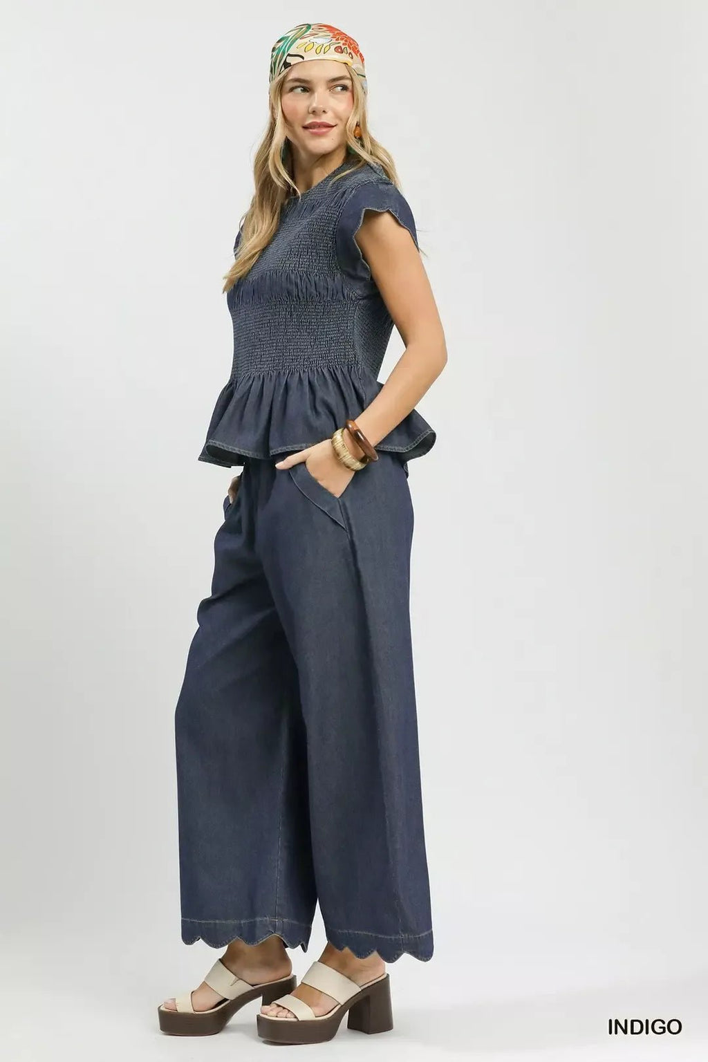 Umgee Smocked Peplum Top with Scalloped Ruffle Cap Sleeves - Rooted & Reckless Co.