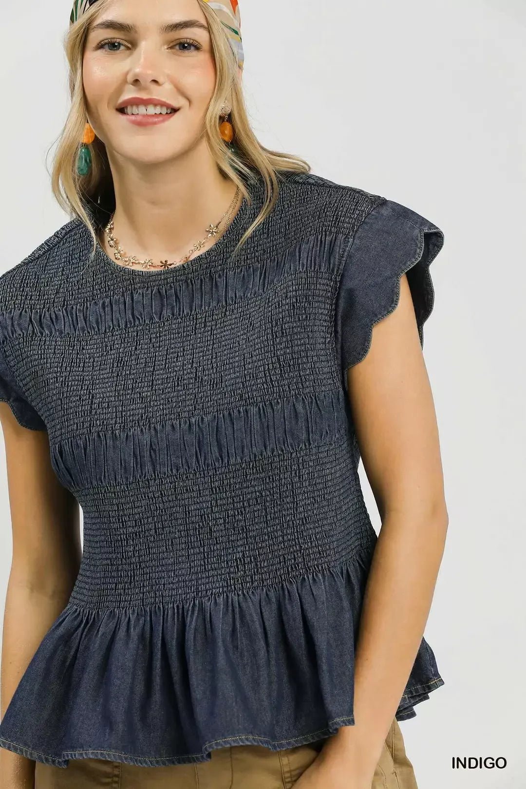 Umgee Smocked Peplum Top with Scalloped Ruffle Cap Sleeves - Rooted & Reckless Co.