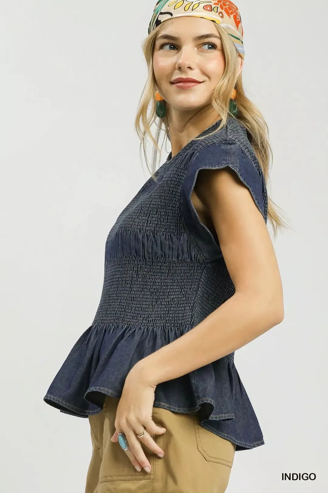 Umgee Smocked Peplum Top with Scalloped Ruffle Cap Sleeves - Rooted & Reckless Co.