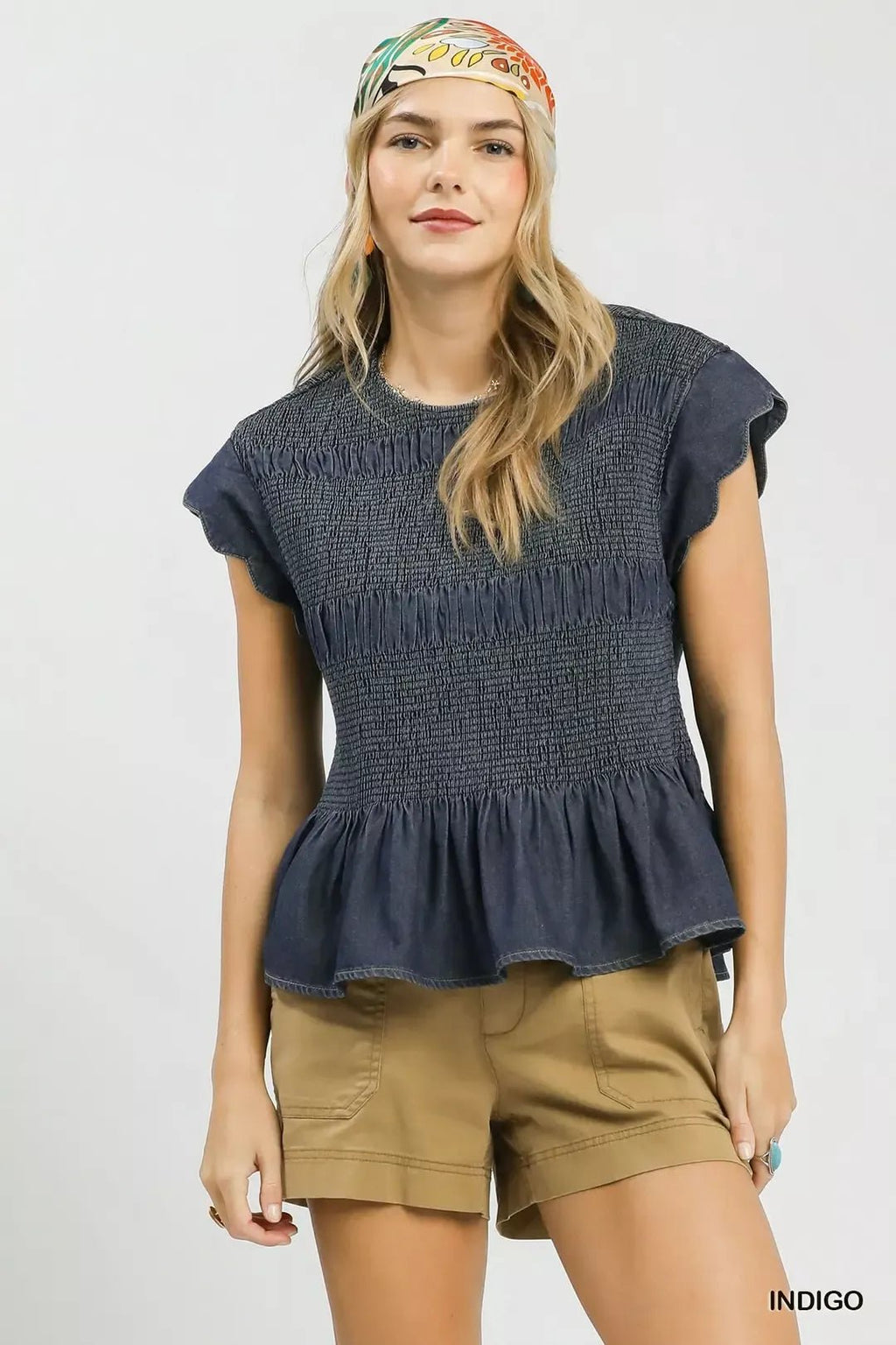 Umgee Smocked Peplum Top with Scalloped Ruffle Cap Sleeves - Rooted & Reckless Co.