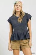 Umgee Smocked Peplum Top with Scalloped Ruffle Cap Sleeves - Rooted & Reckless Co.