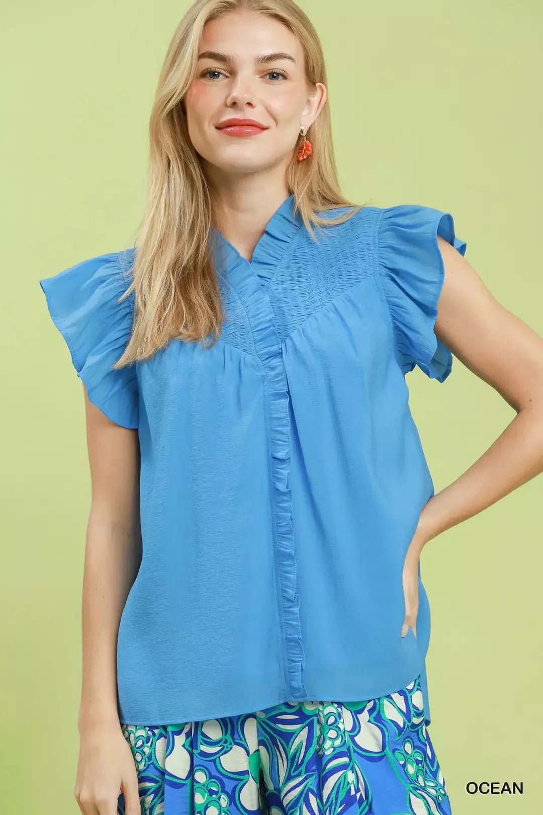 Umgee Smocked Yoke Ruffle Sleeve Blouse - Rooted & Reckless Co.