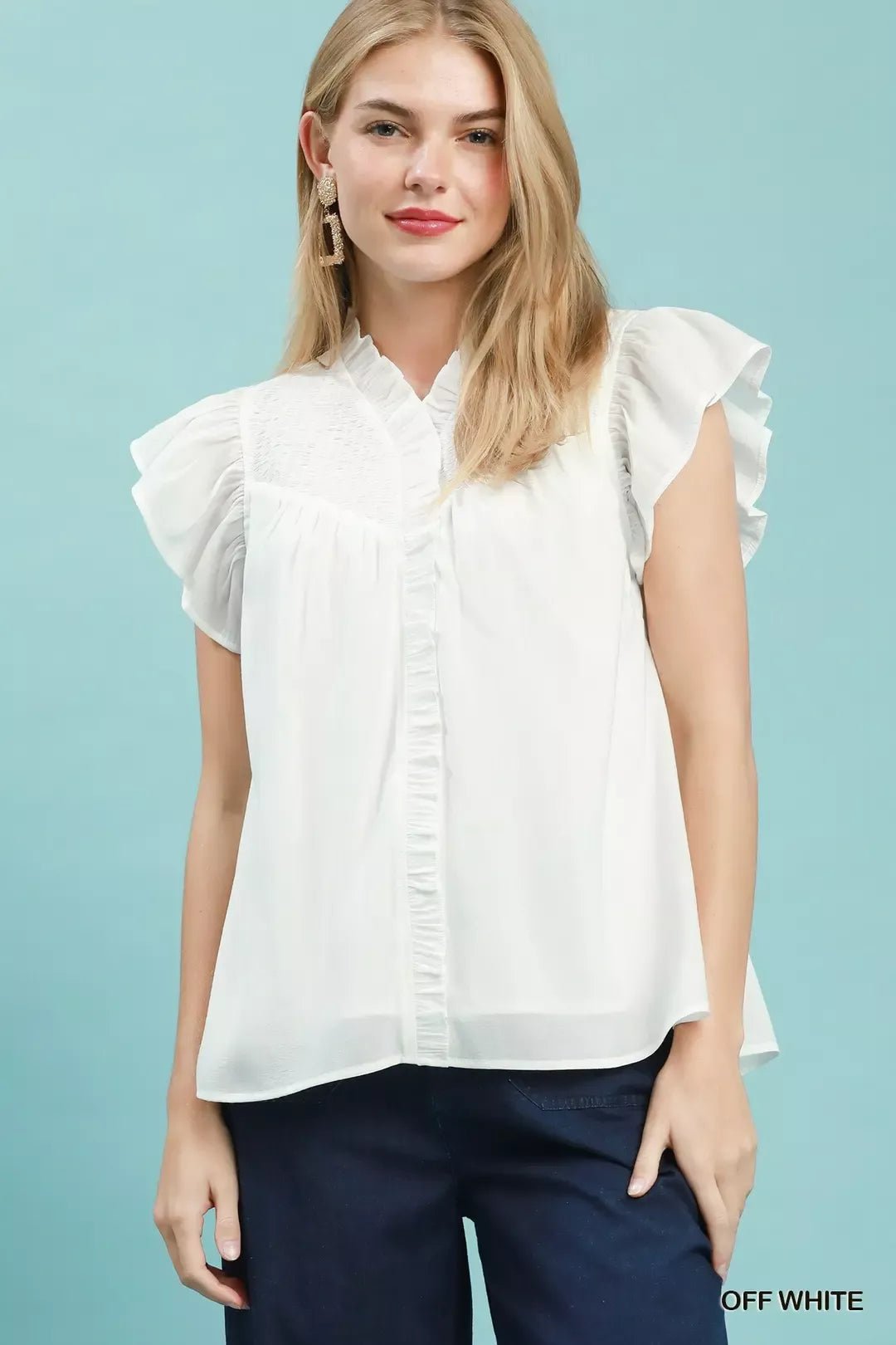 Umgee Smocked Yoke Ruffle Sleeve Blouse - Rooted & Reckless Co.