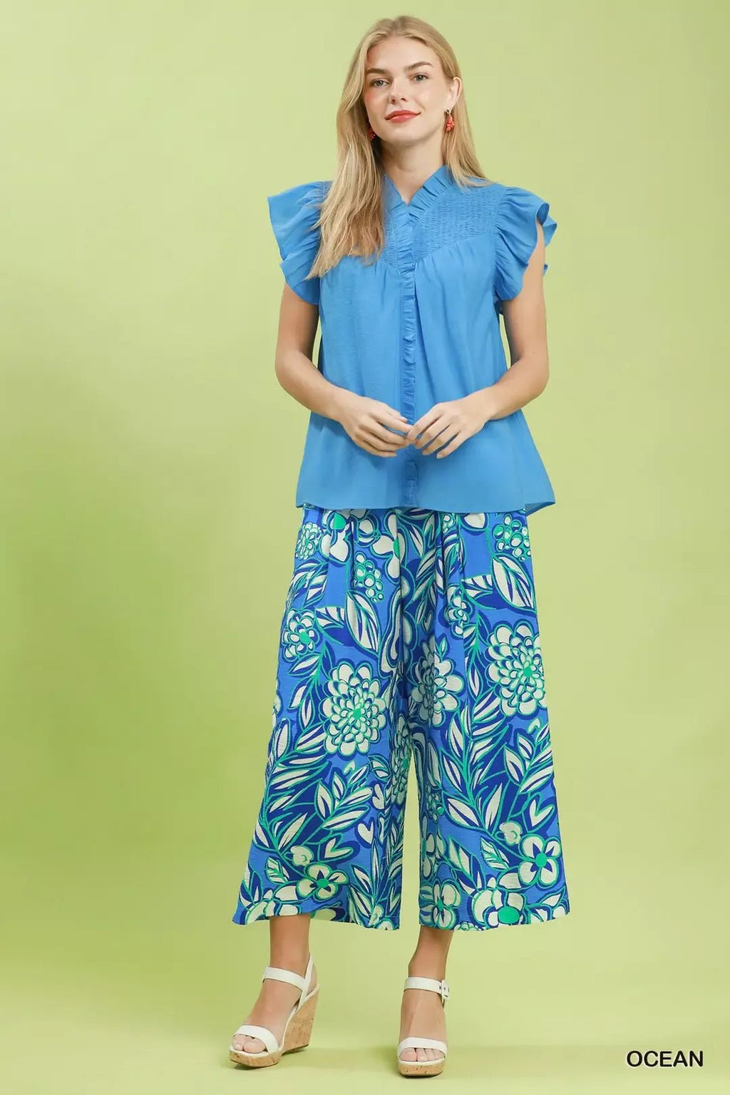 Umgee Smocked Yoke Ruffle Sleeve Blouse - Rooted & Reckless Co.