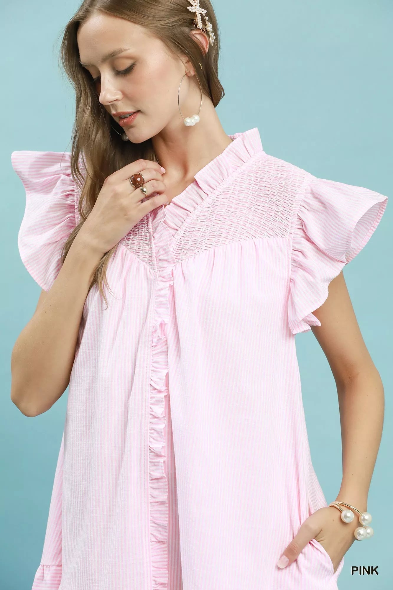 Umgee Stripe Smocked Yoke Ruffle Dress - Rooted & Reckless Co.
