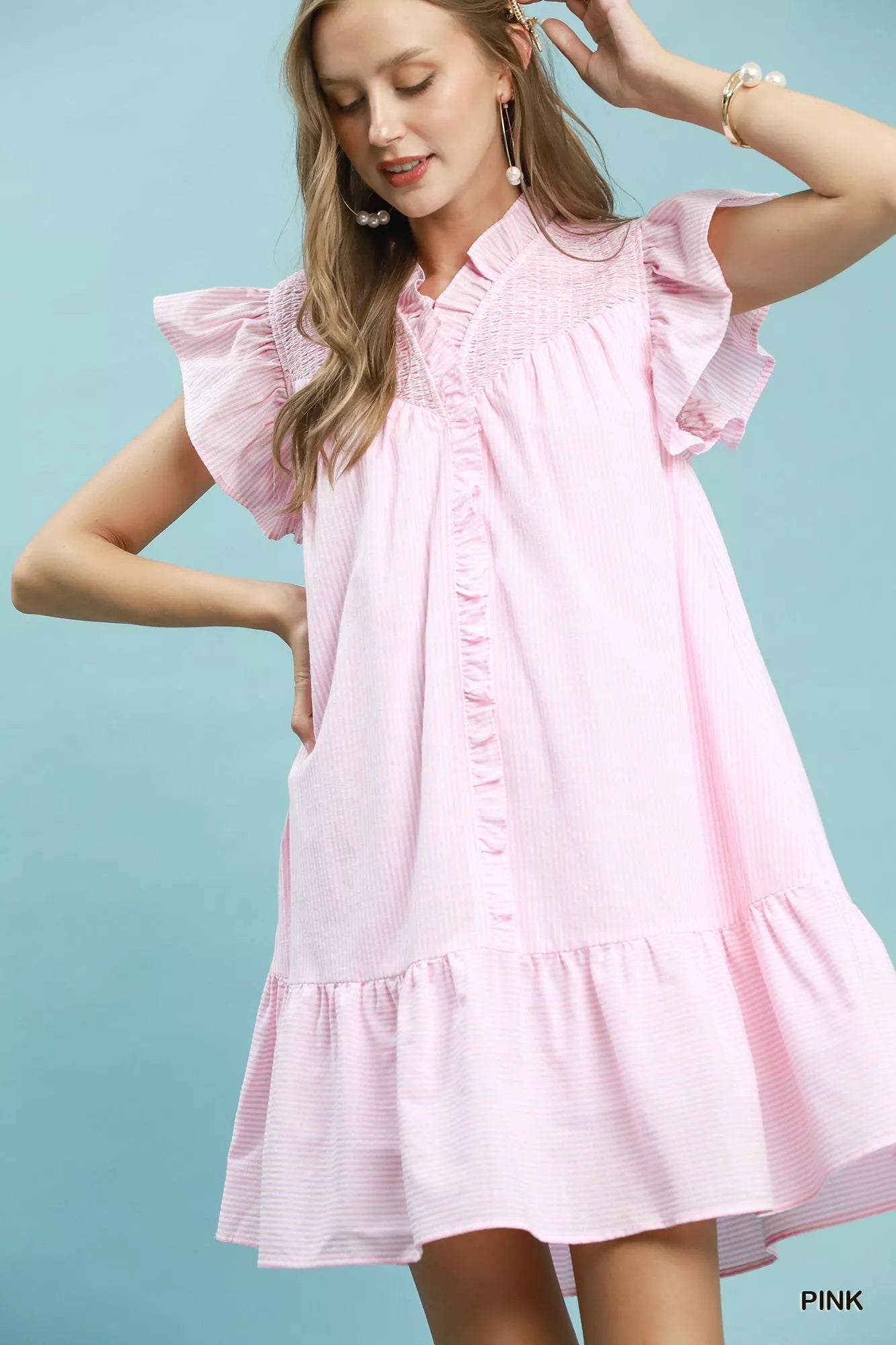 Umgee Stripe Smocked Yoke Ruffle Dress - Rooted & Reckless Co.