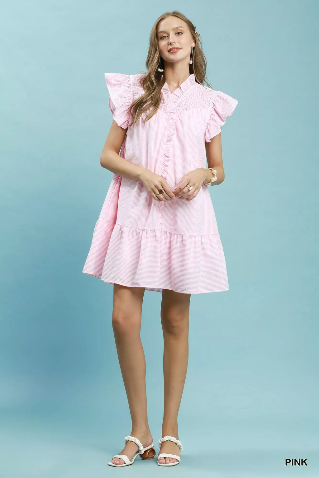 Umgee Stripe Smocked Yoke Ruffle Dress - Rooted & Reckless Co.