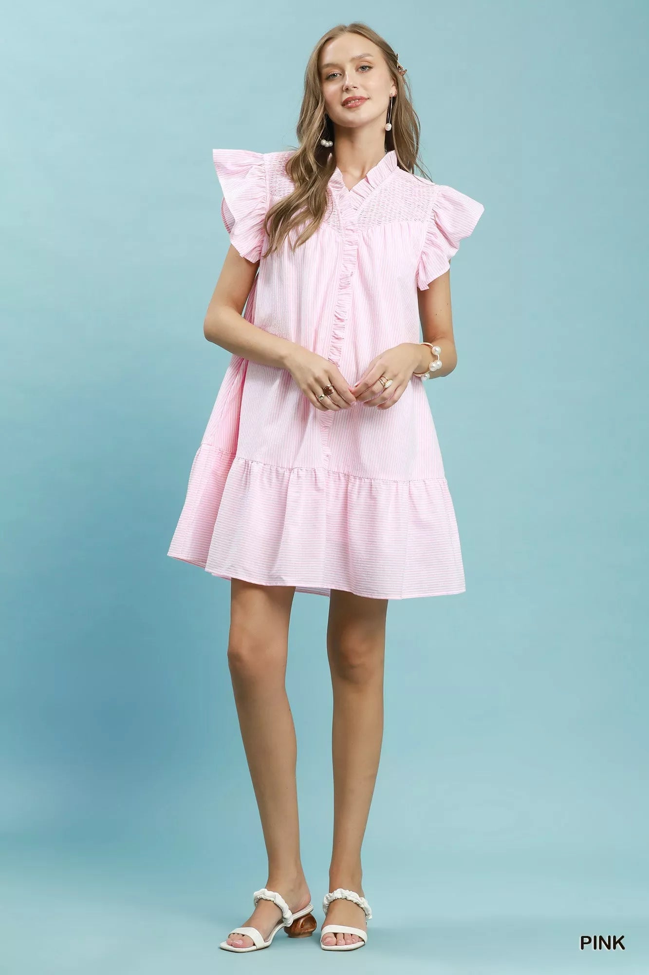 Umgee Stripe Smocked Yoke Ruffle Dress - Rooted & Reckless Co.