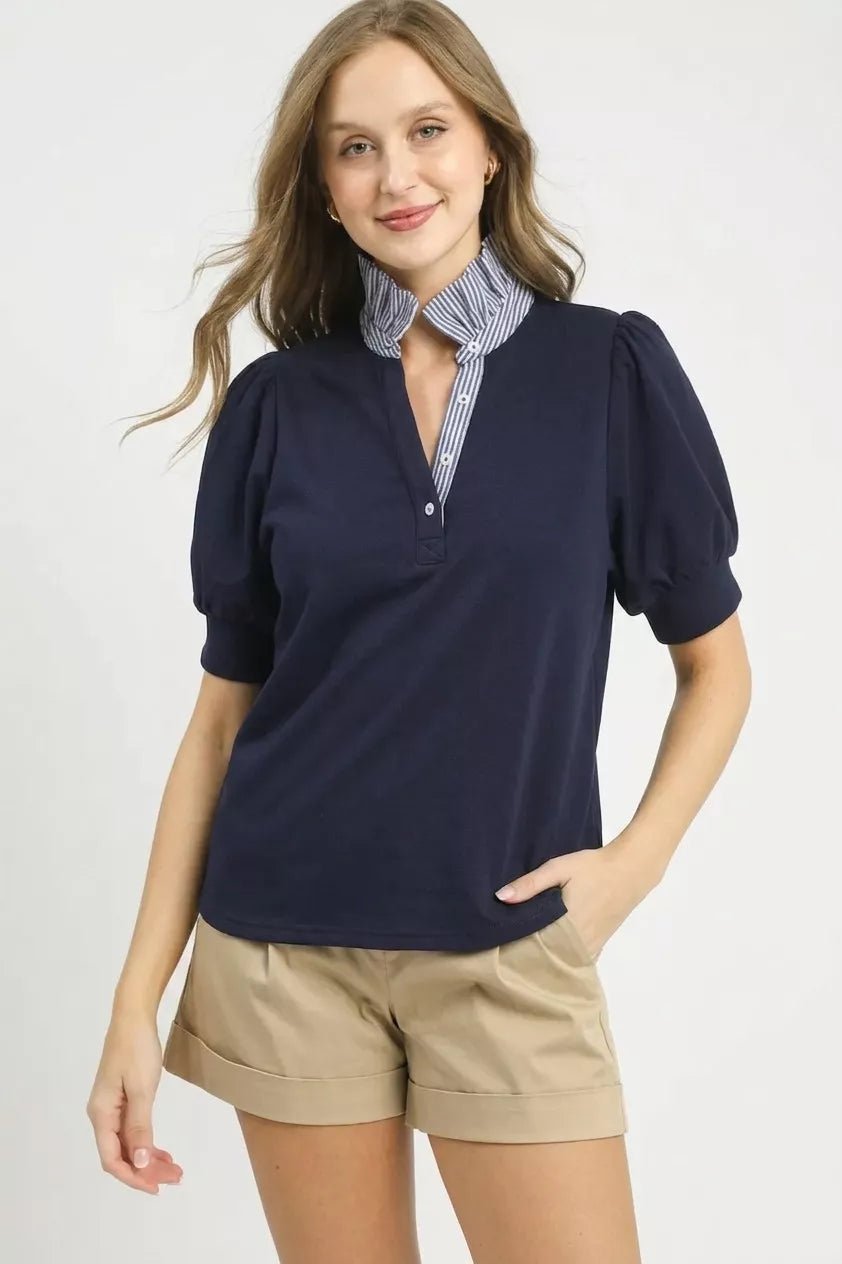 Umgee Striped Collar Popover Top - Rooted & Reckless Co.