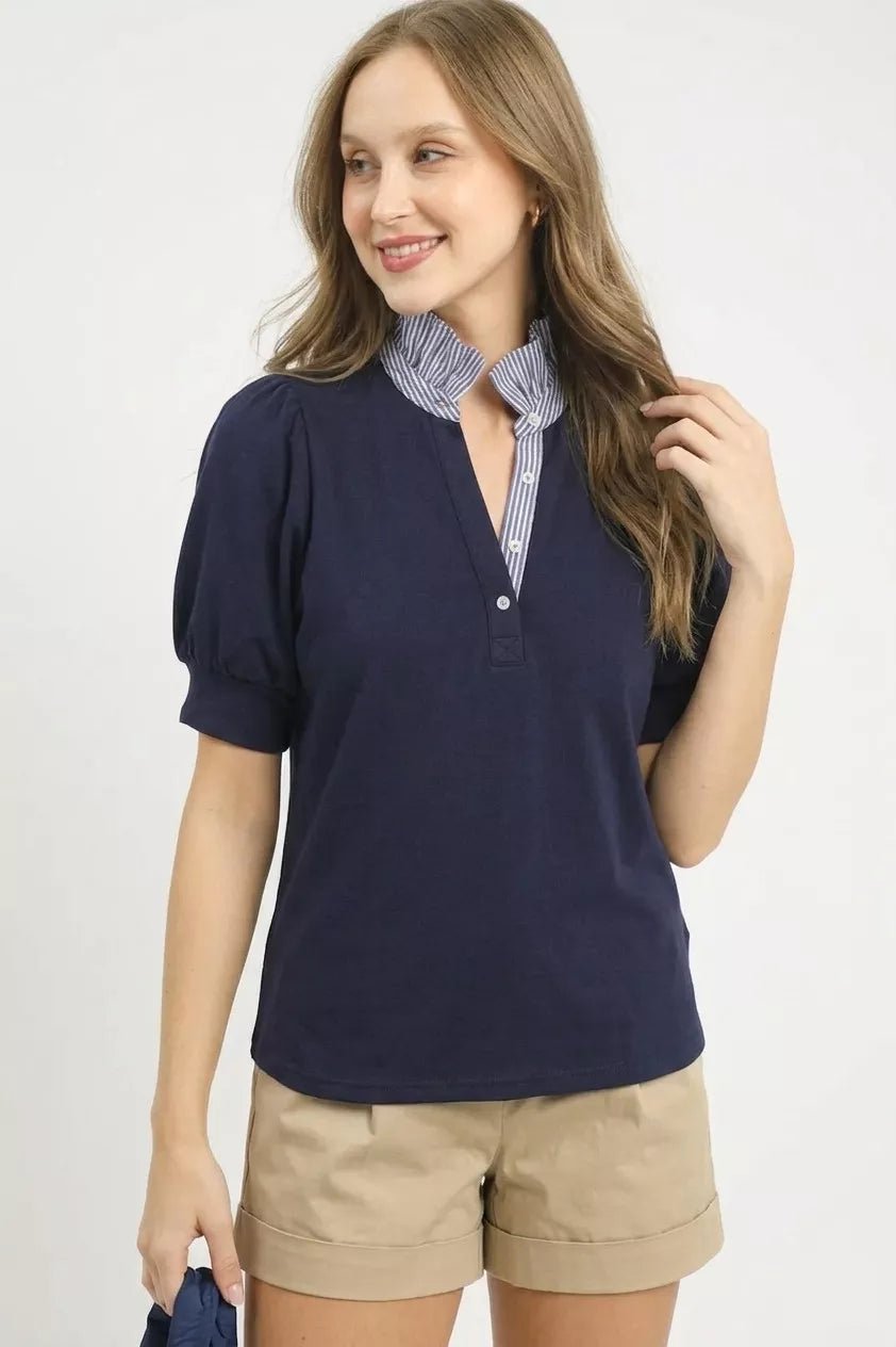 Umgee Striped Collar Popover Top - Rooted & Reckless Co.