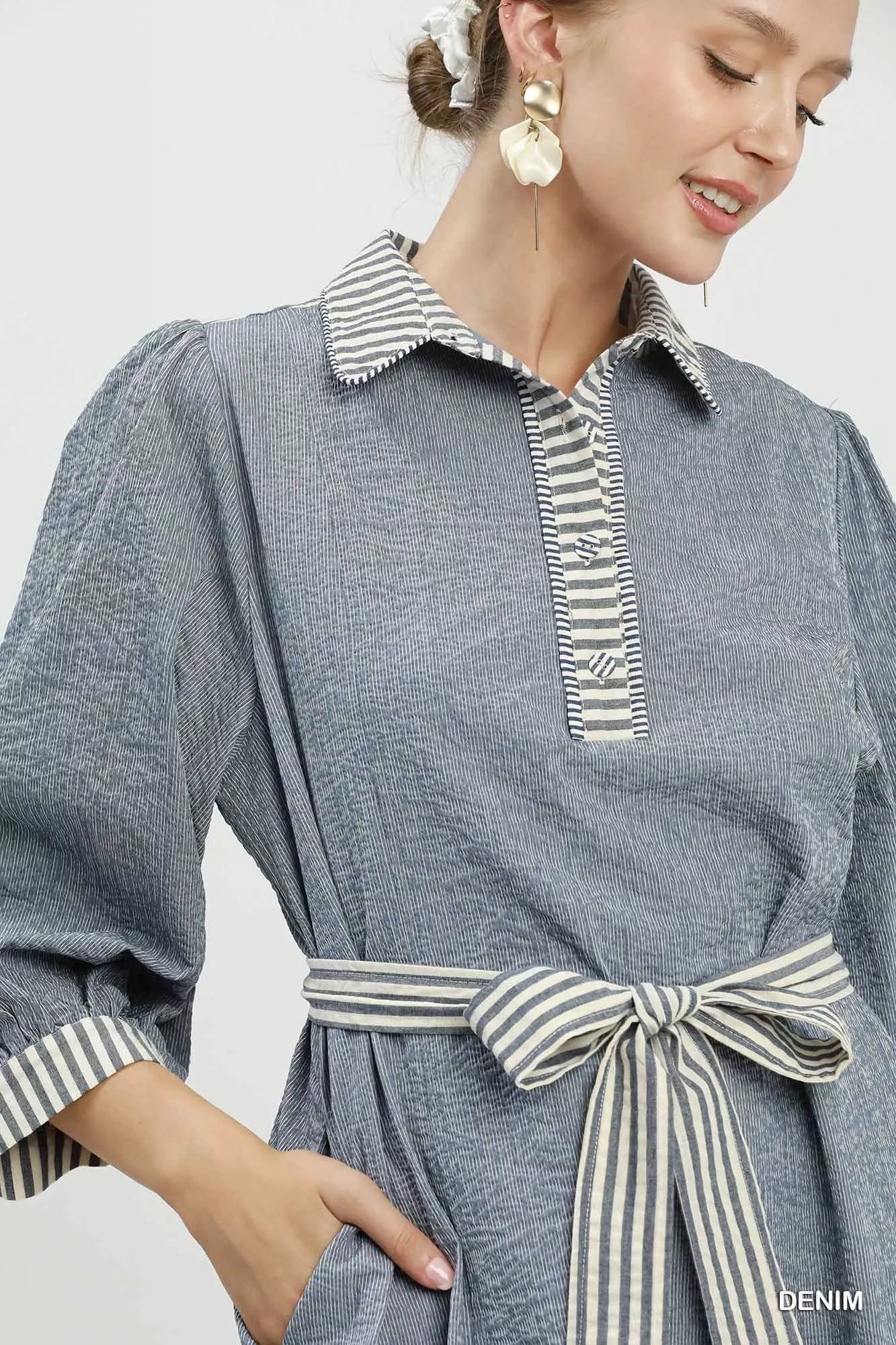 Umgee Striped Contrast Belted Puff Sleeve Mini Dress - Rooted & Reckless Co.