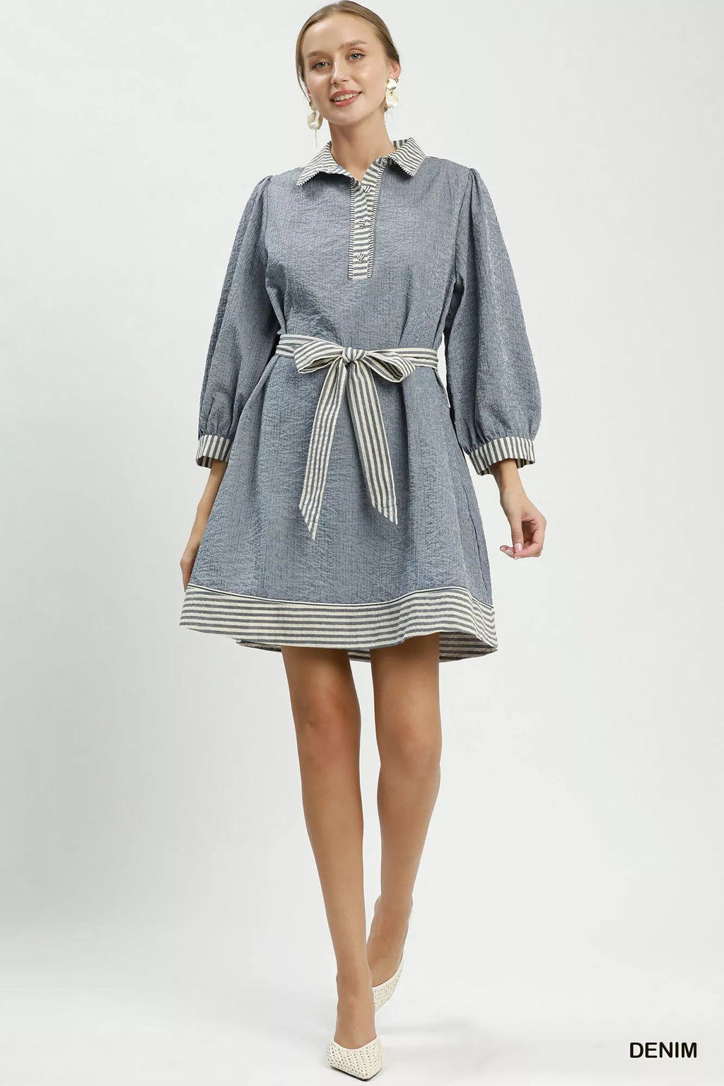 Umgee Striped Contrast Belted Puff Sleeve Mini Dress - Rooted & Reckless Co.
