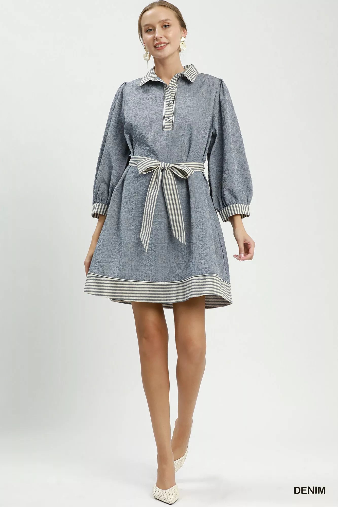Umgee Striped Contrast Belted Puff Sleeve Mini Dress - Rooted & Reckless Co.