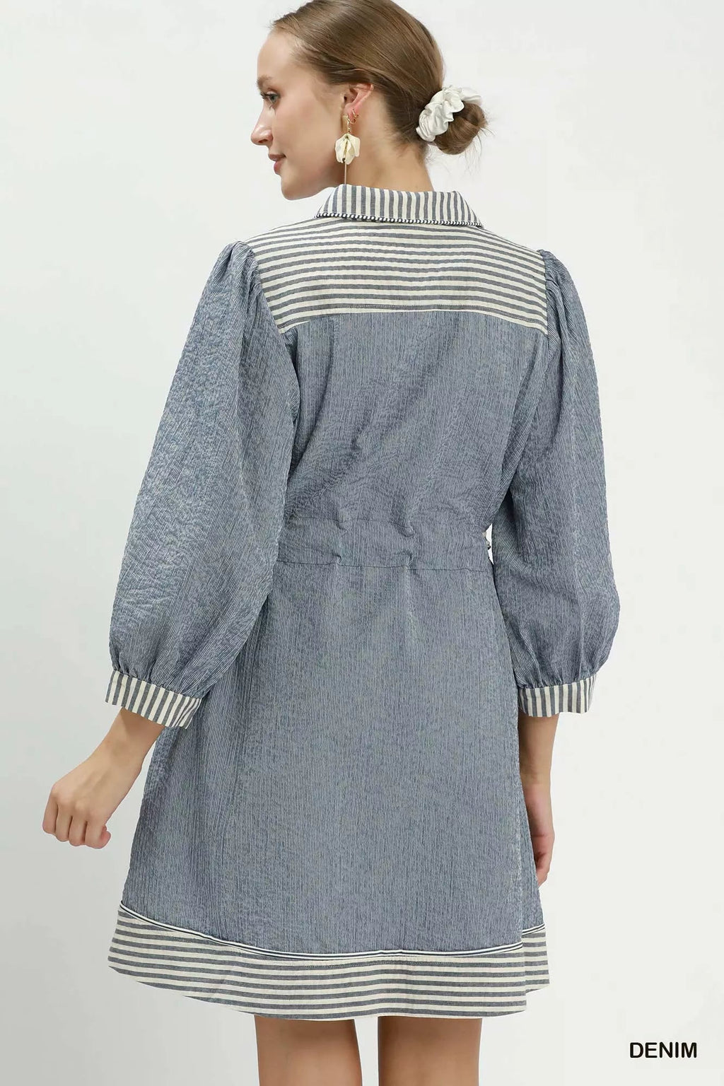 Umgee Striped Contrast Belted Puff Sleeve Mini Dress - Rooted & Reckless Co.
