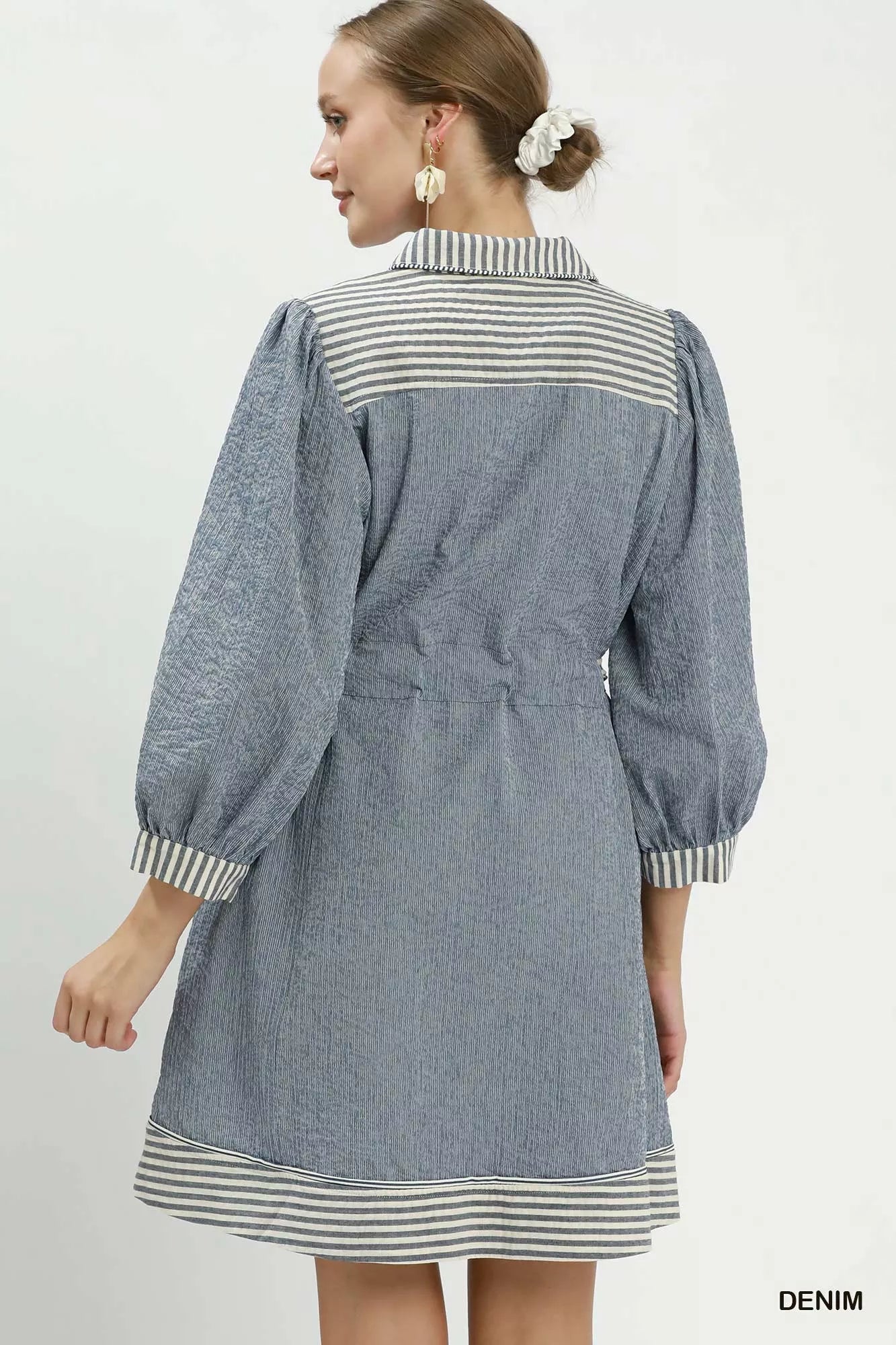 Umgee Striped Contrast Belted Puff Sleeve Mini Dress - Rooted & Reckless Co.