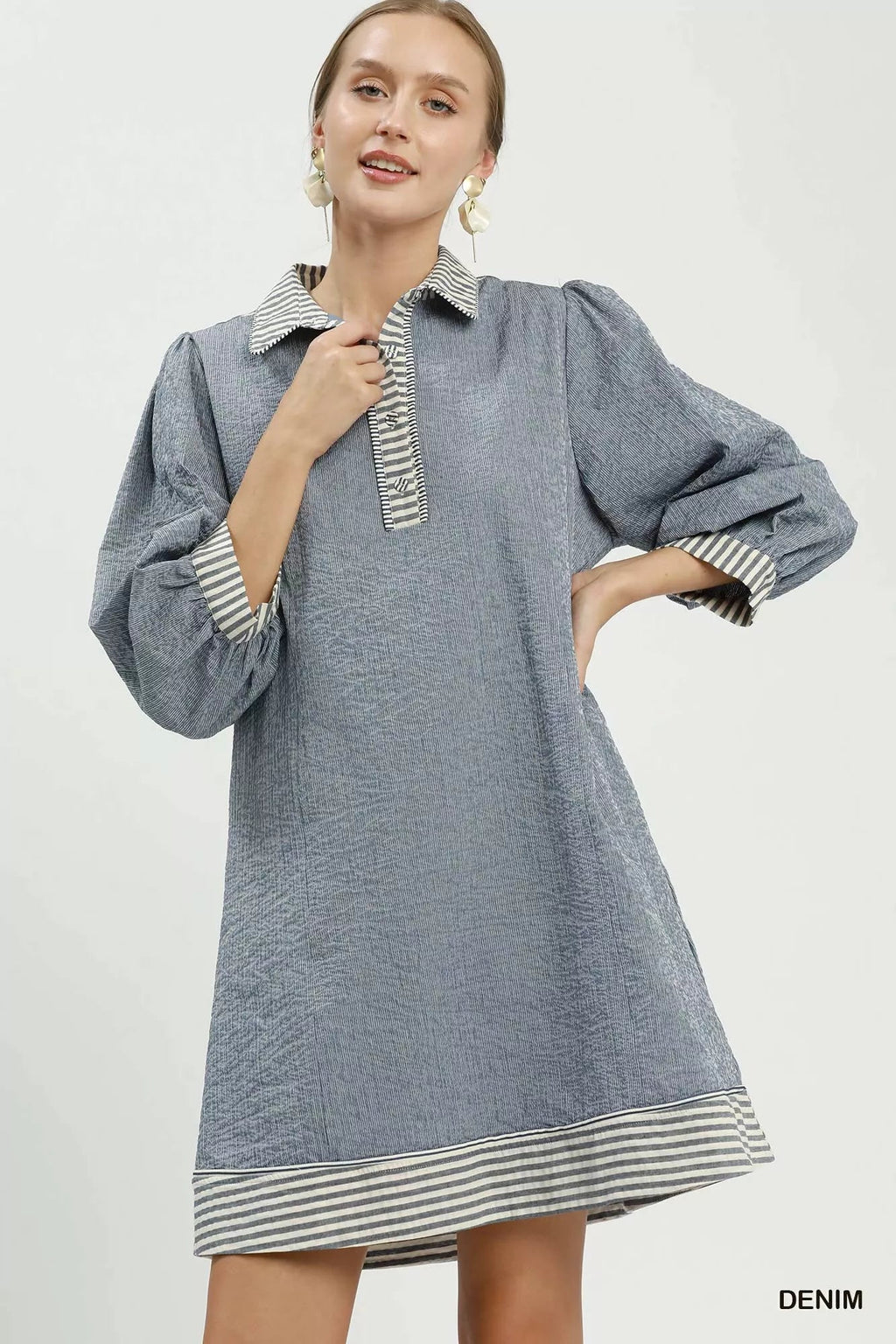 Umgee Striped Contrast Belted Puff Sleeve Mini Dress - Rooted & Reckless Co.