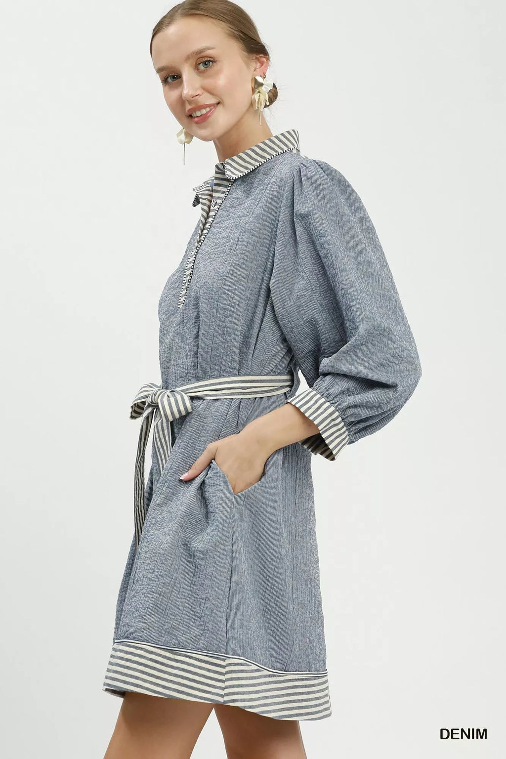 Umgee Striped Contrast Belted Puff Sleeve Mini Dress - Rooted & Reckless Co.