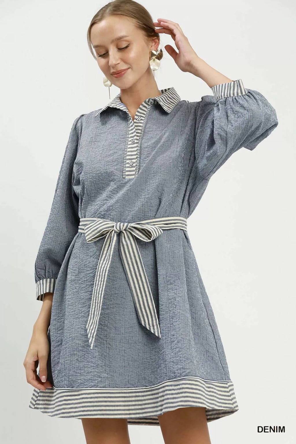 Umgee Striped Contrast Belted Puff Sleeve Mini Dress - Rooted & Reckless Co.