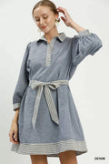 Umgee Striped Contrast Belted Puff Sleeve Mini Dress - Rooted & Reckless Co.