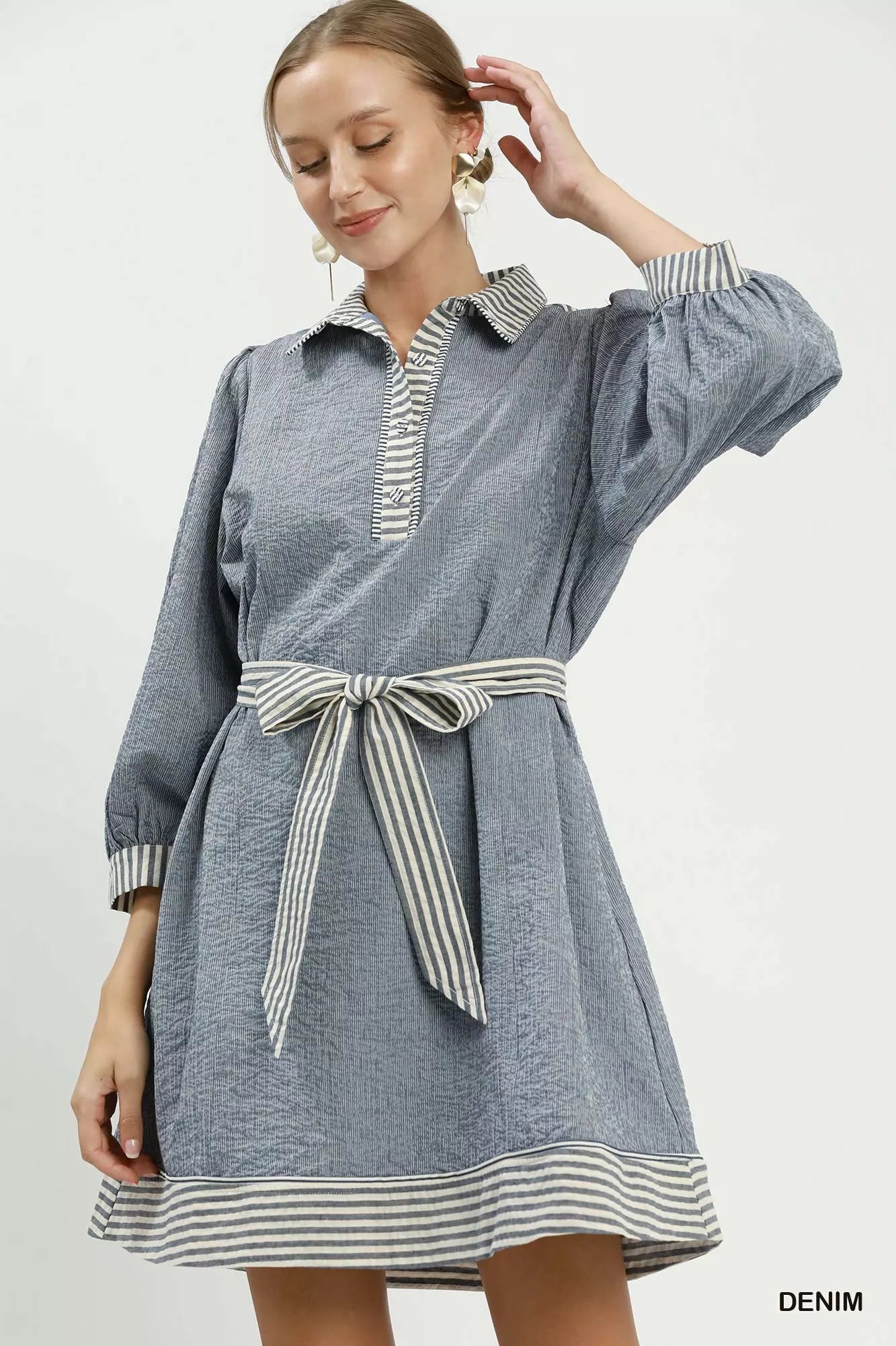 Umgee Striped Contrast Belted Puff Sleeve Mini Dress - Rooted & Reckless Co.