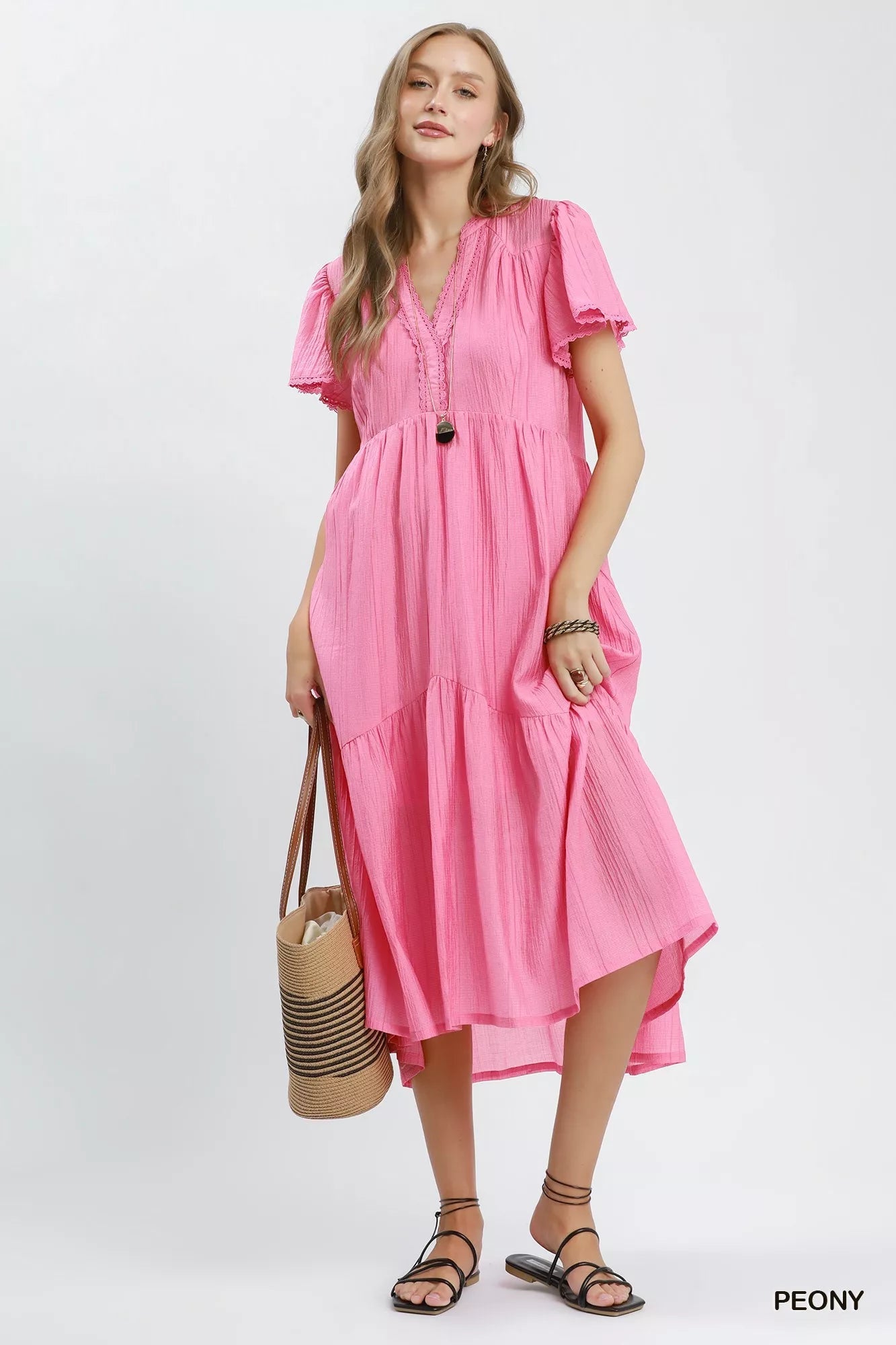 Umgee Textured Tiered Midi Dress with Side Pockets - Rooted & Reckless Co.