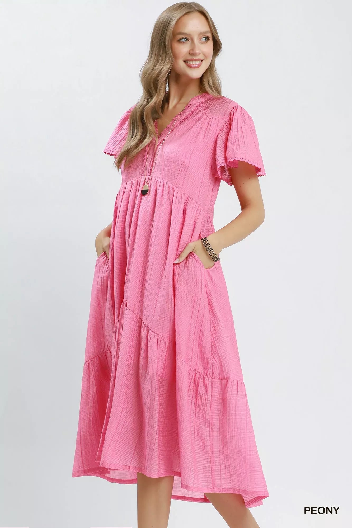 Umgee Textured Tiered Midi Dress with Side Pockets - Rooted & Reckless Co.